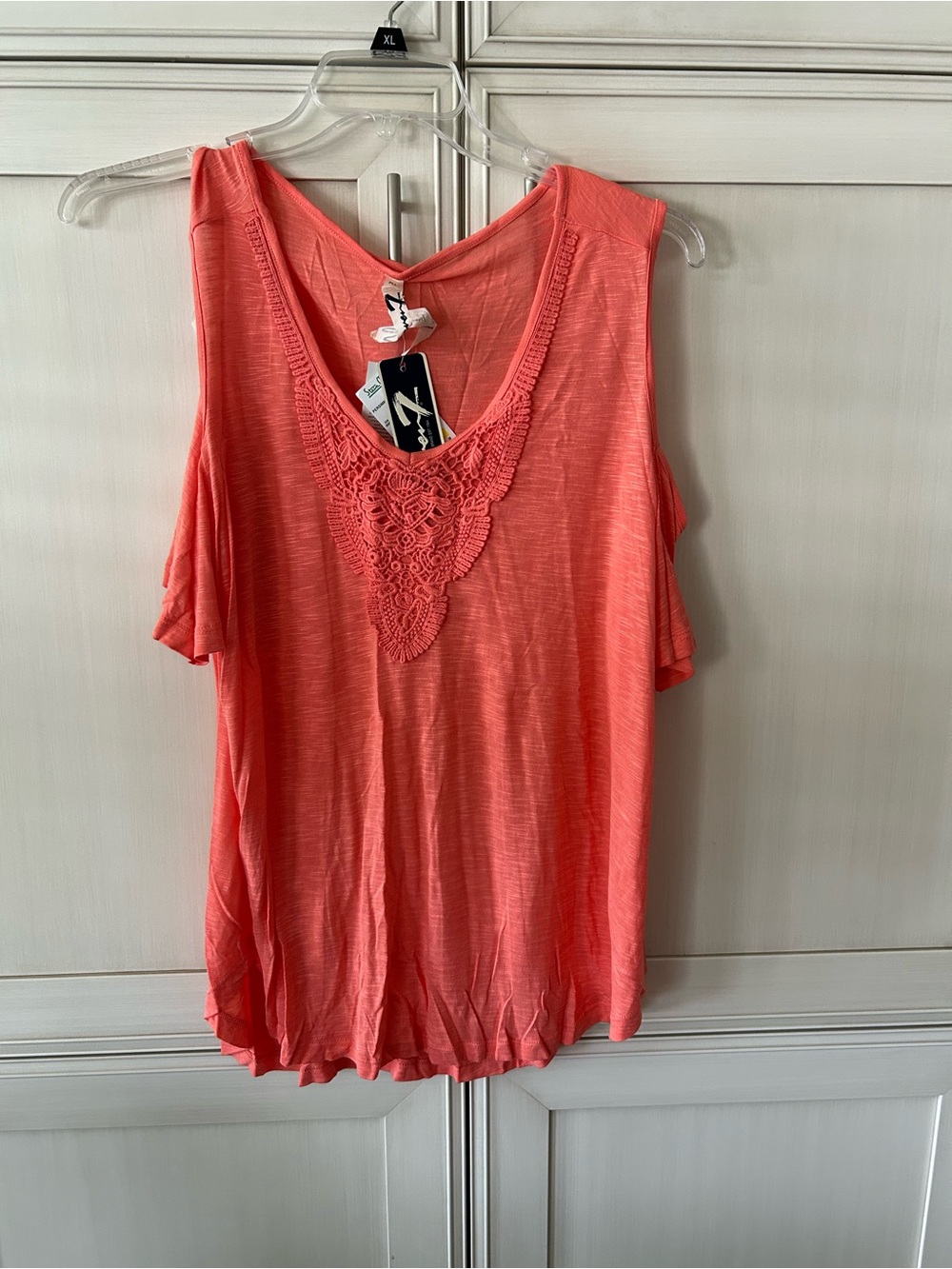 Seven7 Coral Cold-Shoulder Top with Crochet Bib